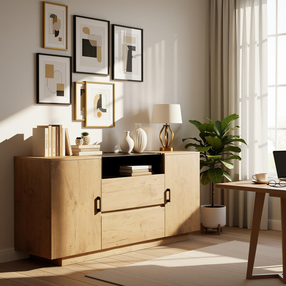 SIDEBOARD in Eichenoptik mit Glasfront mit 2 Schubladen, 2 Türen & offenem Fach - Eichefarben, Holzwerkstoff (140/70/40cm) - Urban Meuble