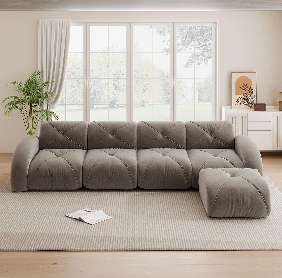 SOFA modular Chenille Brown 4-Sitzer mit Hocker - Braun, Kunststoff (171/358cm) - Meubliv