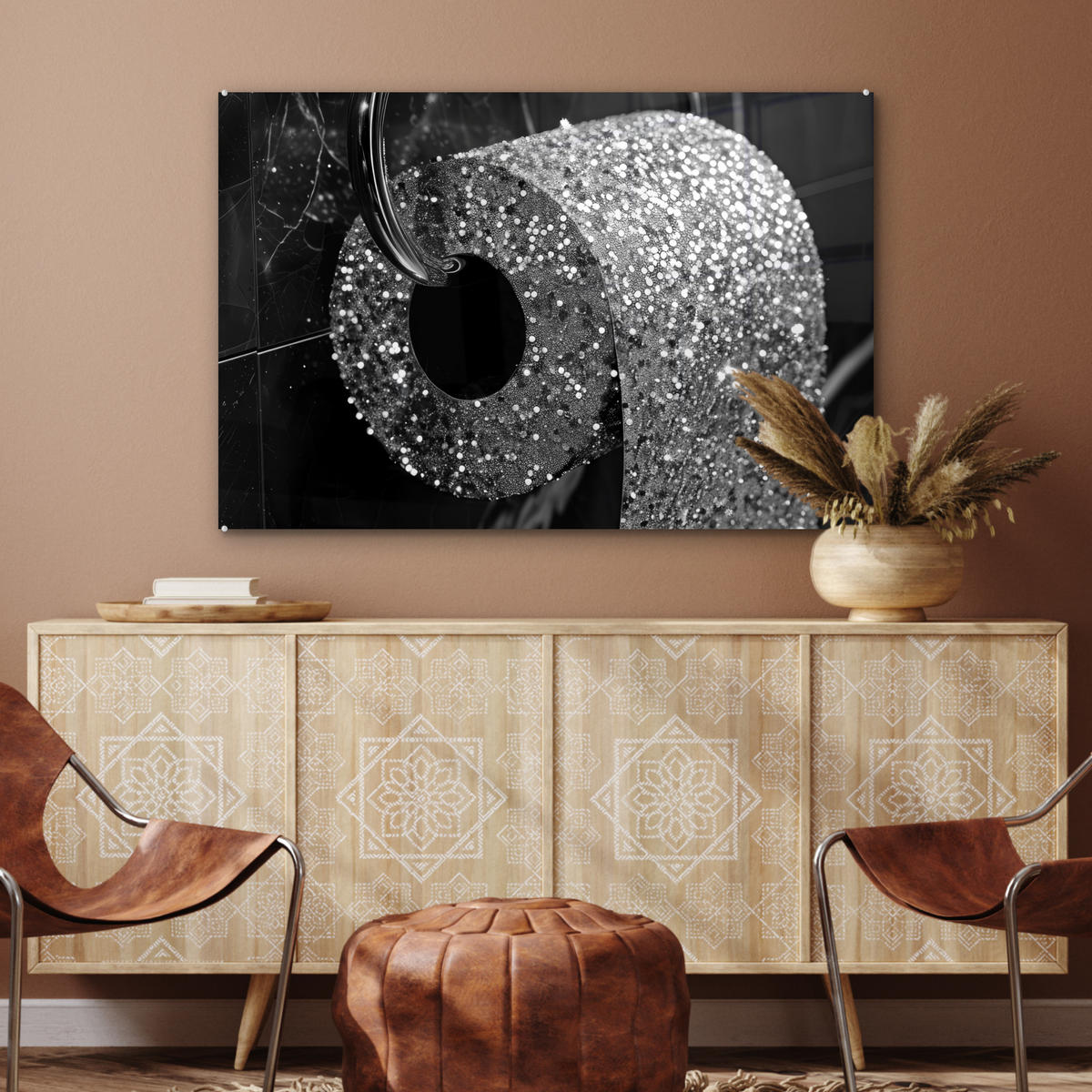 ACRYLGLASBILD WC - Toilettenpapier - Schwarz und weiß - Glitter 120x80 cm - Silberfarben, Glas (120/80cm) - MuchoWow