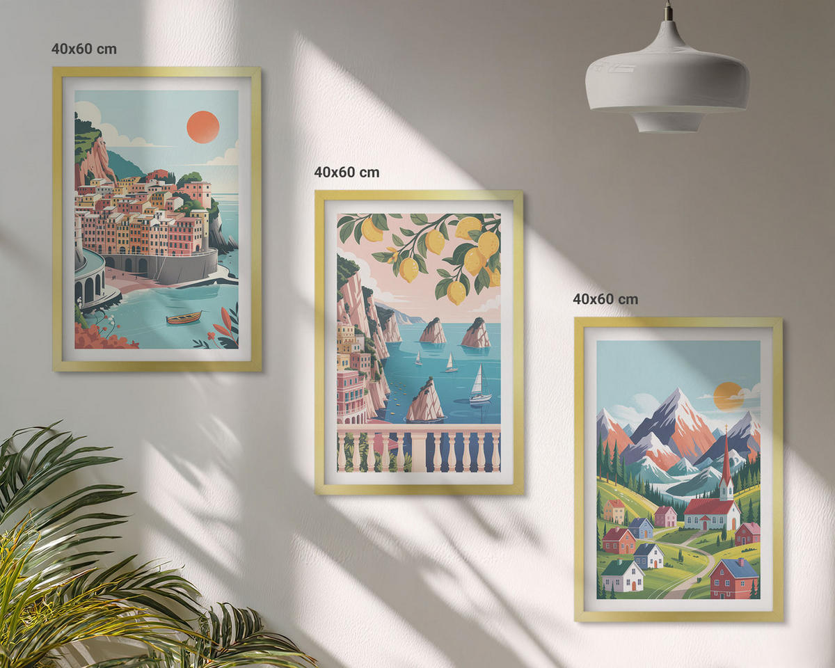 BILDER SET 3er Set - 40x60 cm Goldrahmen - Farbenfrohe Berge und Städte - Goldfarben, Kunststoff (40/60cm) - TULUP