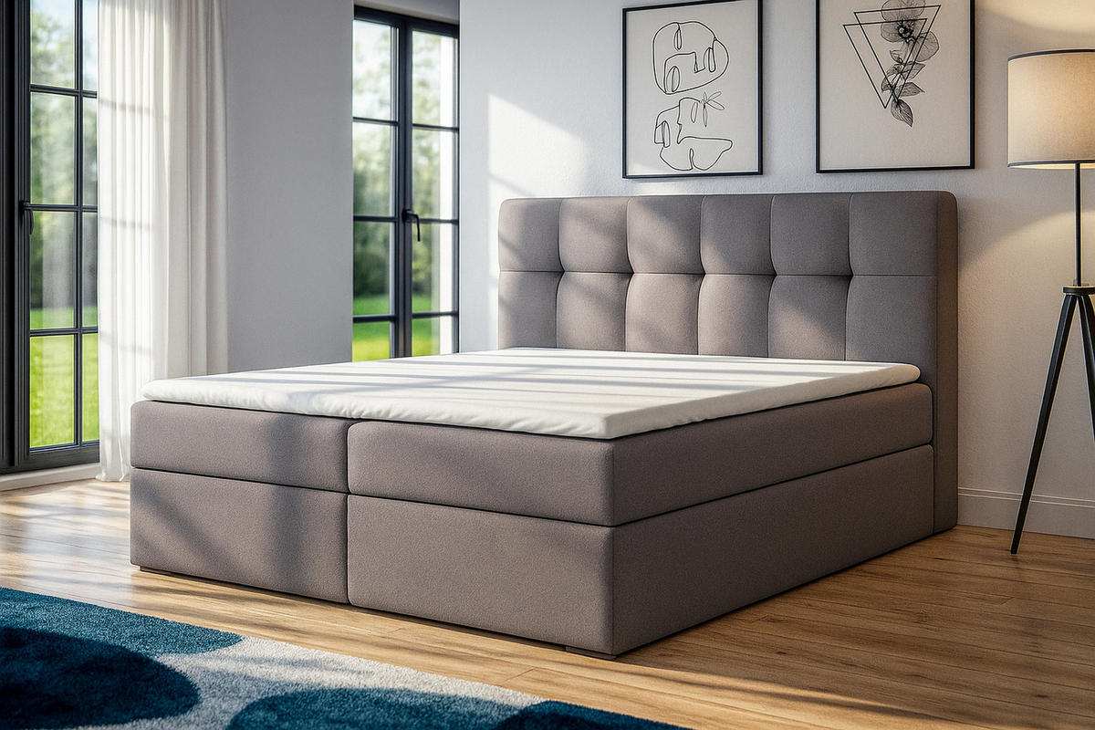 BOXSPRINGBETT REF 200 x 200 cm mit Bettkasten – Eleganz und Komfort vereint. Farbe : Grau - Grau, Textil (200/200cm) - A&J MöbelLand