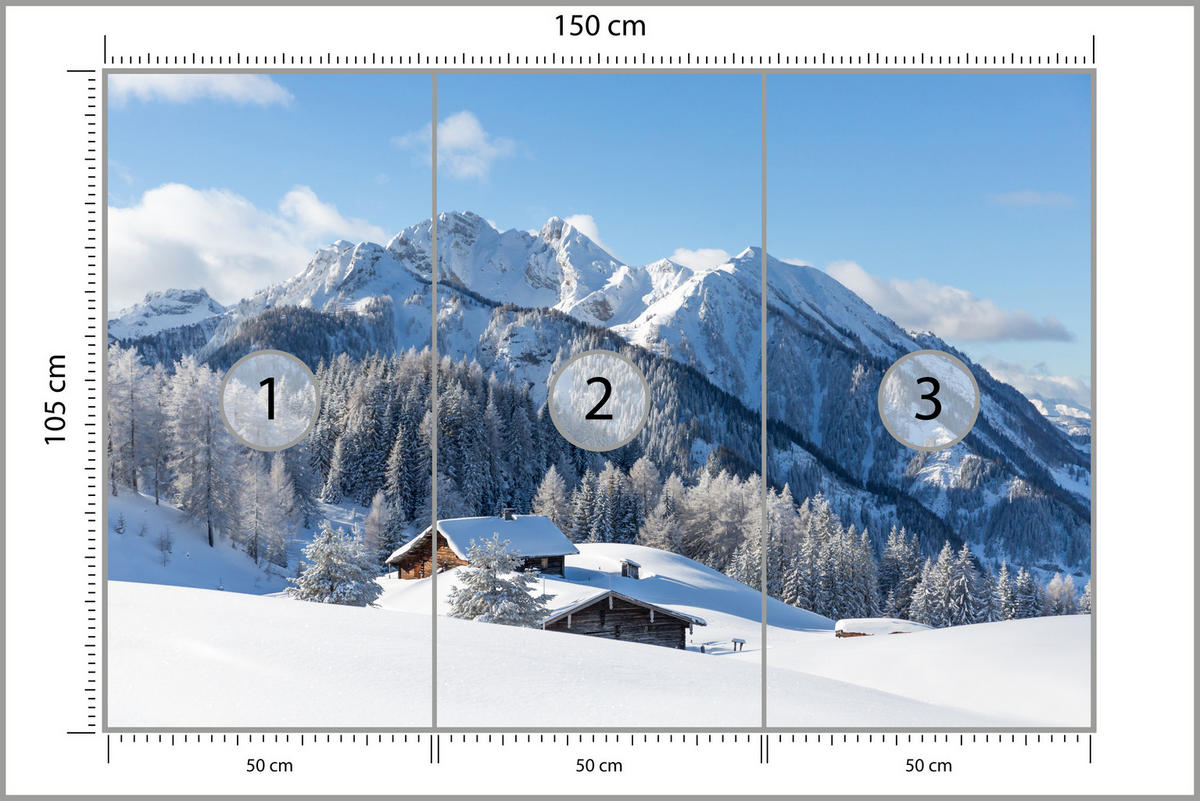 FOTOTAPETE für Wohnzimmer Felsige Berge Winter Tannen Holzhütten Schnee 150x105 - Braun/Weiß, Papier (150/105cm) - Muralo