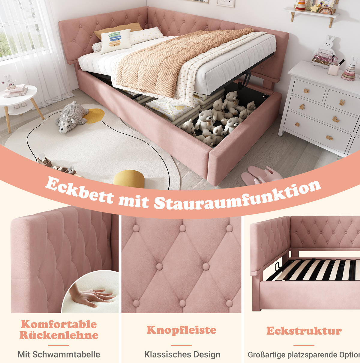 POLSTERBETT 90/190 cm Rosa aus Samt mit Bettkasten - Rosa, Textil (90/190cm) - OKMYHOME