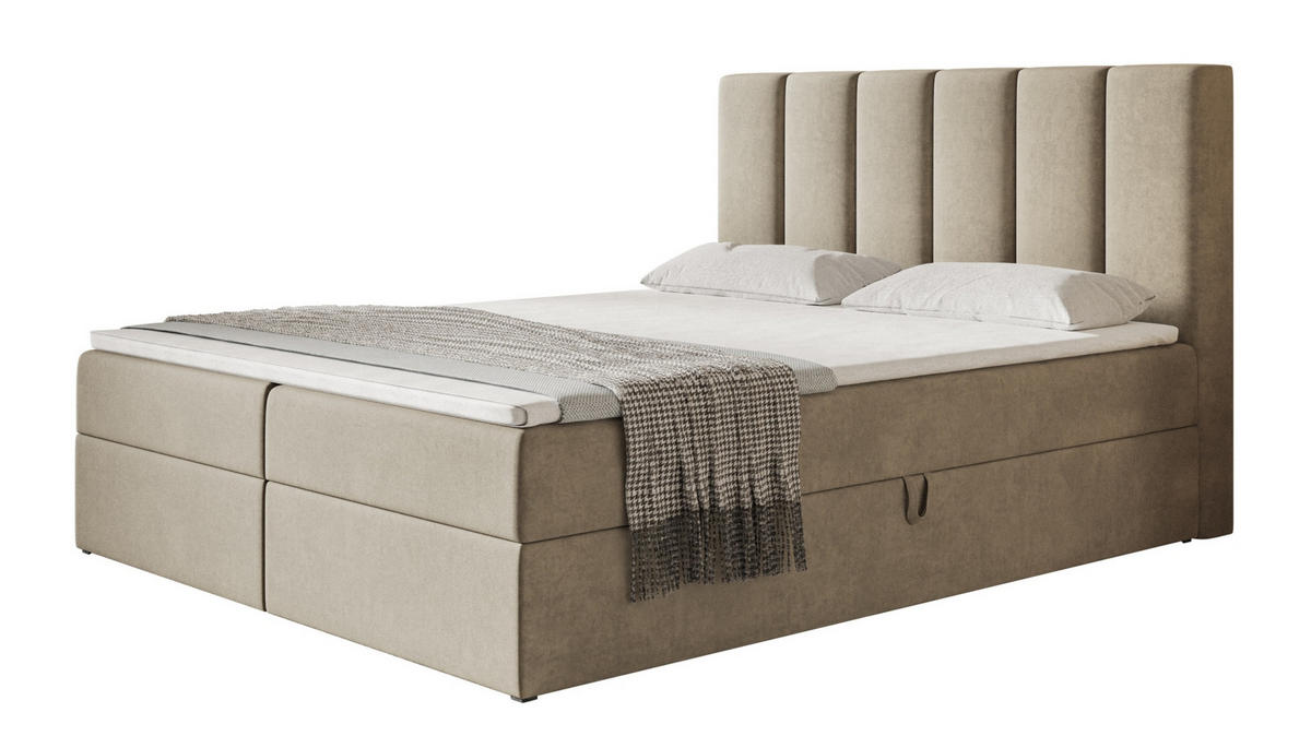 BOXBETT TOKIO mit 2 Bettkästen, 180x200, Farbe: Sand, Velourstoff, Doppelbett mit Bonell-Matratze - Sahara, Holz/Kunststoff (180/200cm) - Alpi-Möbel