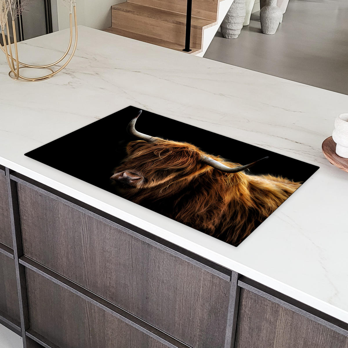 HERDABDECKPLATTE Schottischer Highlander - Hörner - Schwarz - Tiere - Natur - Wild - Kuh Induktionsschutz 91.6x52.7 cm - Cognac, Kunststoff (91.6/52.7/0.2cm) - MuchoWow