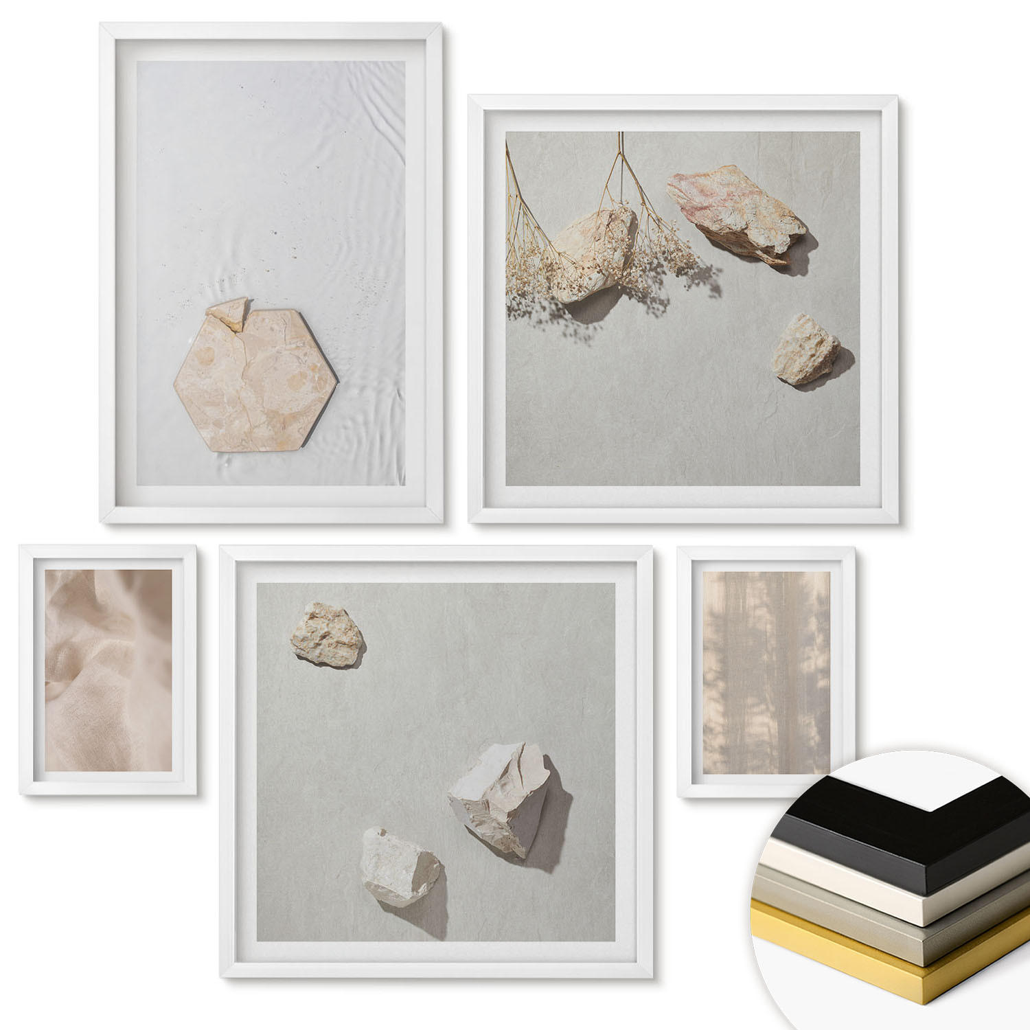WANDBILDER 5er-Set - 50x50 cm & 20x30 cm & 40x60 cm Weißer Rahmen - Dezente Boho-Naturtexturen - Weiß, Kunststoff (40/60cm) - ArtPrintCave