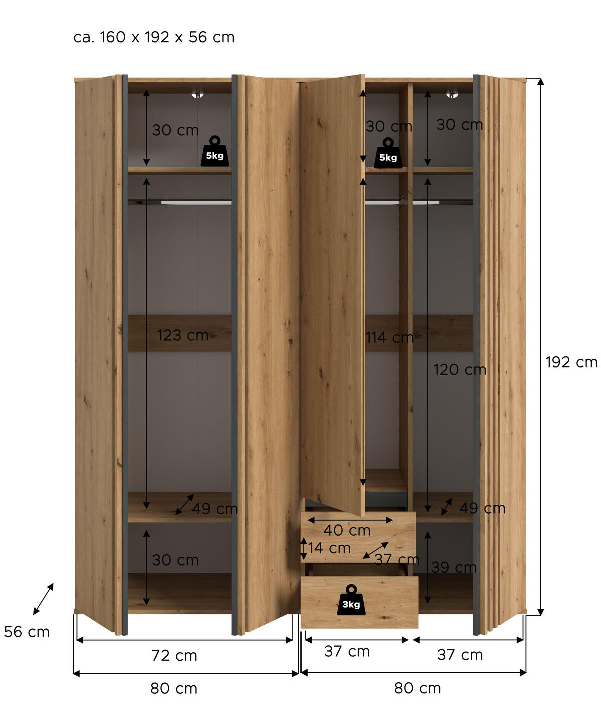 KLEIDERSCHRANKKOMBINATION TOFTA (B/H/T: ca. 160/190/56 cm) in Artisan Eiche Nachbildung/Artisan Eiche Nachbildung - Eiche Artisan, Holzwerkstoff (160/190/56cm)