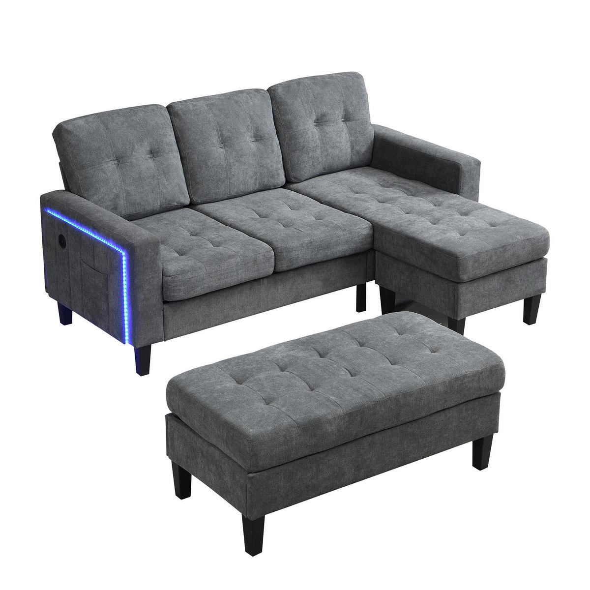 SCHLAFSOFA 185/135/85 cm Antikgrau mit beweglicher Fußbank und LED-Ambiente-Beleuchtung - Dunkelgrau, Textil (185/85/135cm) - Oxeza