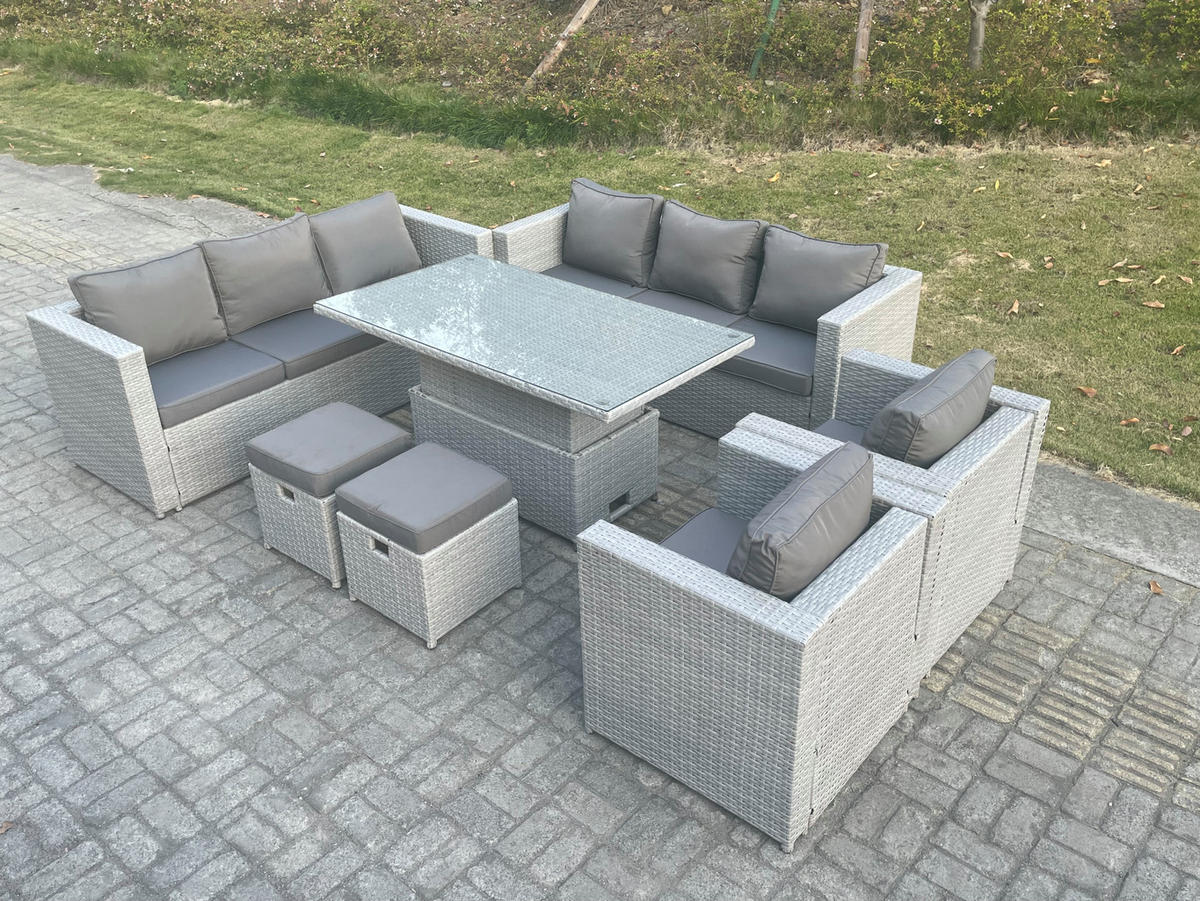 GARTENMÖBEL SET mit höhenverstellbarer Tisch Polyrattan Helles Grau 10-Sitzer - Hellgrau, Metall - Fimous