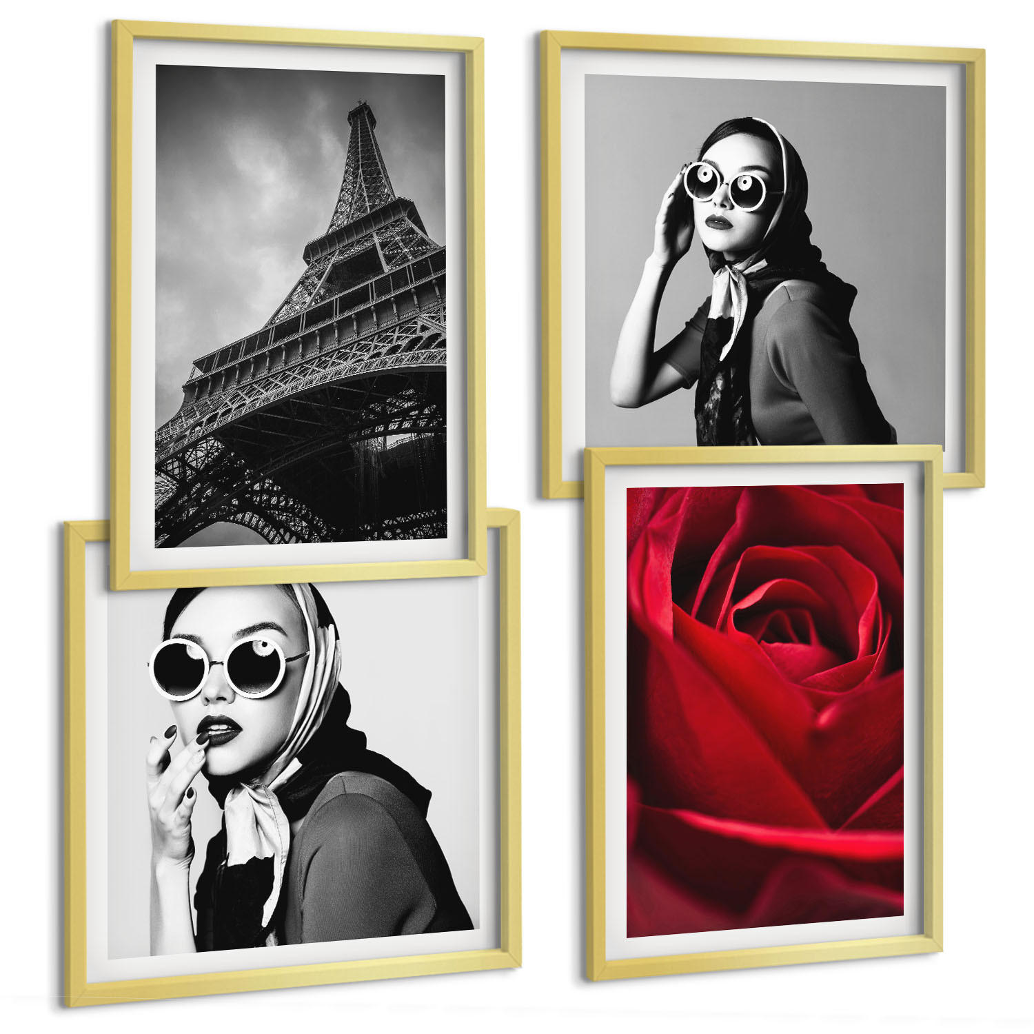 BILDER SET 4er Set - 50x50 cm & 40x60 cm Goldrahmen - Pariserin mit Eiffelturmbrille - Goldfarben, Kunststoff (50/50cm) - TULUP