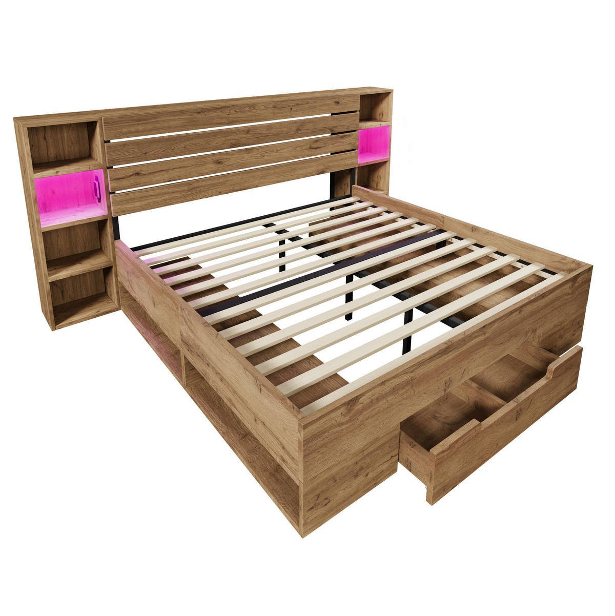 STAURAUMBETT 160/200 cm aus Holz und Metall mit LED-Beleuchtung, USB-C, Kopfteilablagen und 2 Schubladen,und Matratze, Eiche - Eichefarben, Metall (160/200cm) - Redom