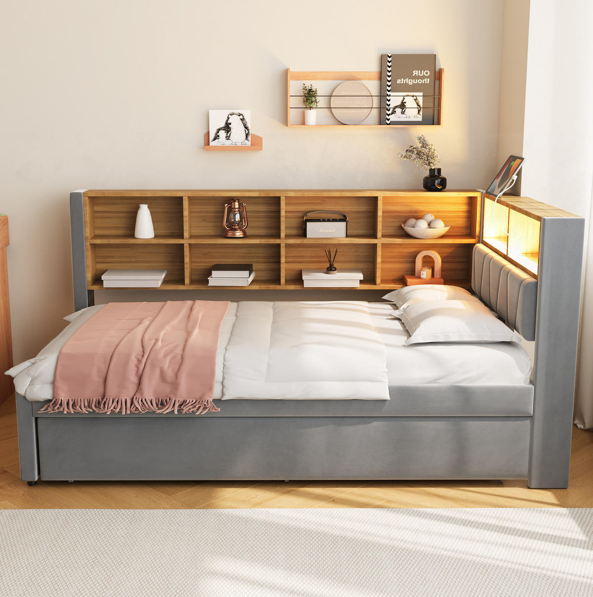 AUSZIEHBETT 90/200 cm und LED-Beleuchtung Dunkelgrau Flanell - Dunkelgrau, Textil (90/200cm) - OKWISH