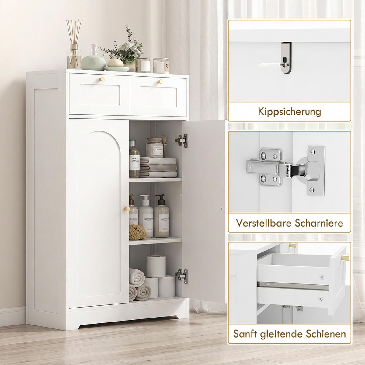 BADEZIMMERSCHRANK Spanplatte MDF Weiß - Goldfarben/Weiß, Holzwerkstoff/Metall (30/108/60cm) - HOMCOM