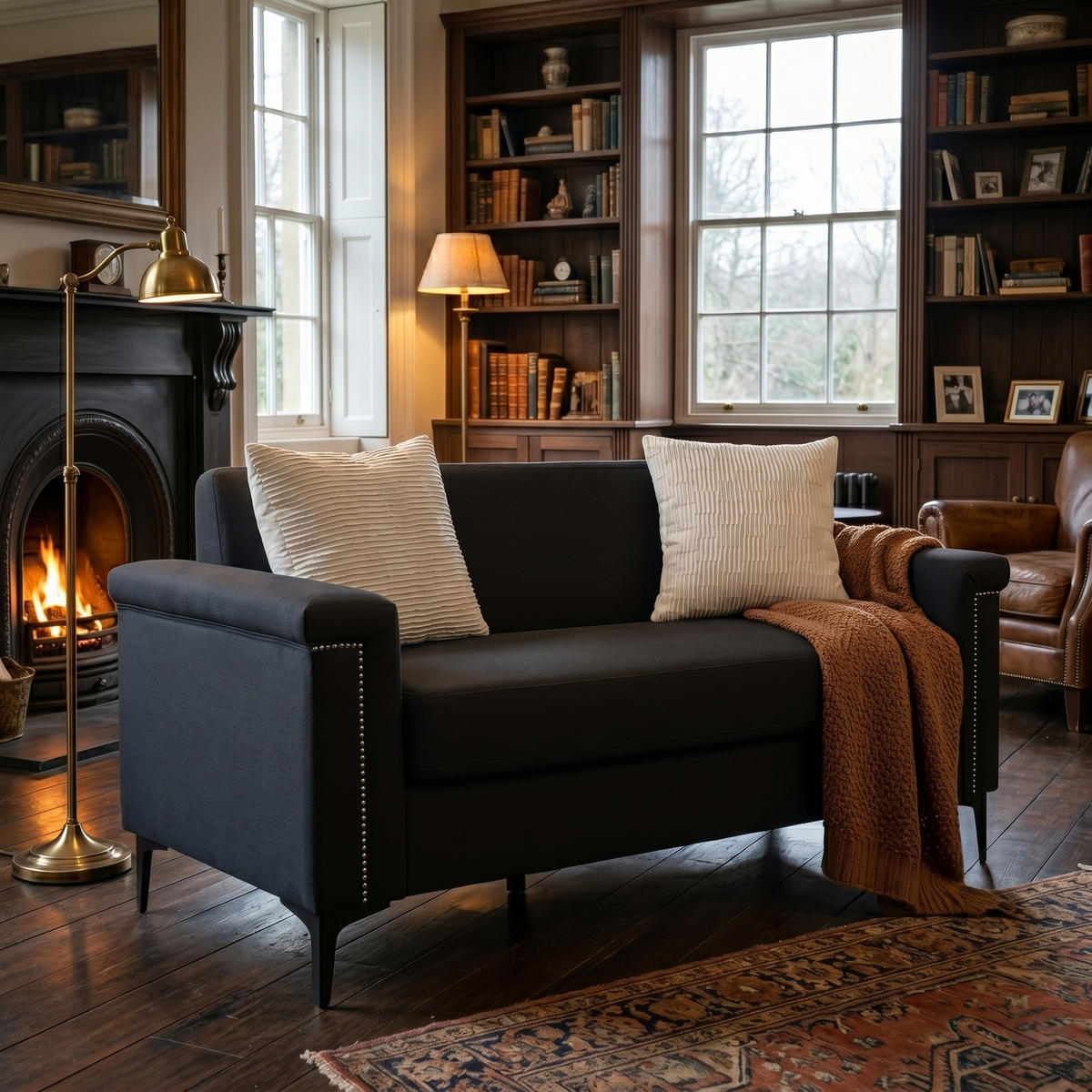 2-SITZER SOFA Leinen Schwarz mit Nietenverzierung - Schwarz, Holzwerkstoff/Textil (172/81.5/73.5cm) - WISHDOR