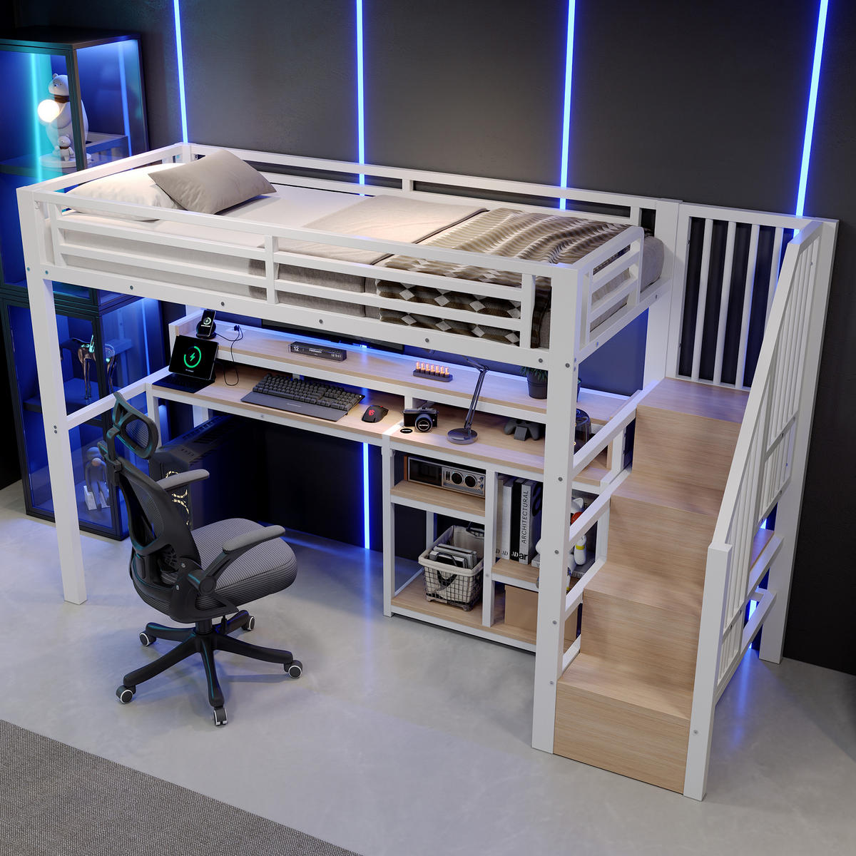 HOCHBETT 90/200 cm mit Leiterschrank und LED, DE-41996, in Weiß - Weiß, Metall (90/200cm) - ComfortXL