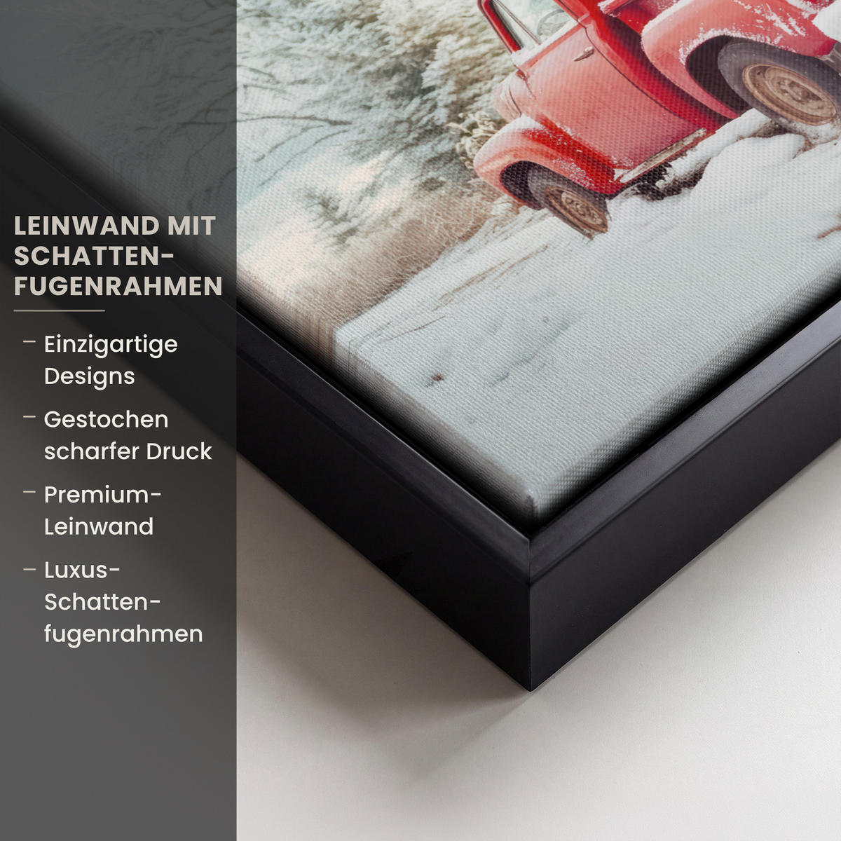 LEINWAND Bilder mit Rahmen - Auto - Rot - Geschenke - Winter - Schnee - Weihnachten - 30x20 - Rot, Textil (30/20cm) - MuchoWow