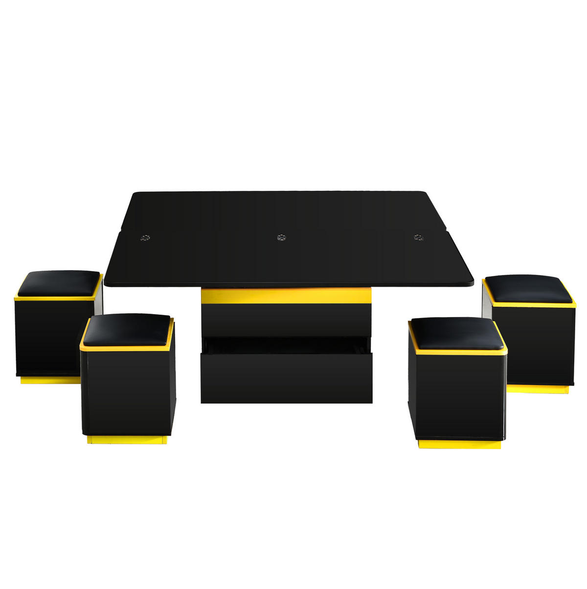COUCHTISCH 100/50/43 cm aus MDF mit Klapp- und Hebefunktion, Stauraum und 4 Hockern, Schwarz/Gelb - Schwarz, Holzwerkstoff (100/50/43cm) - Redom