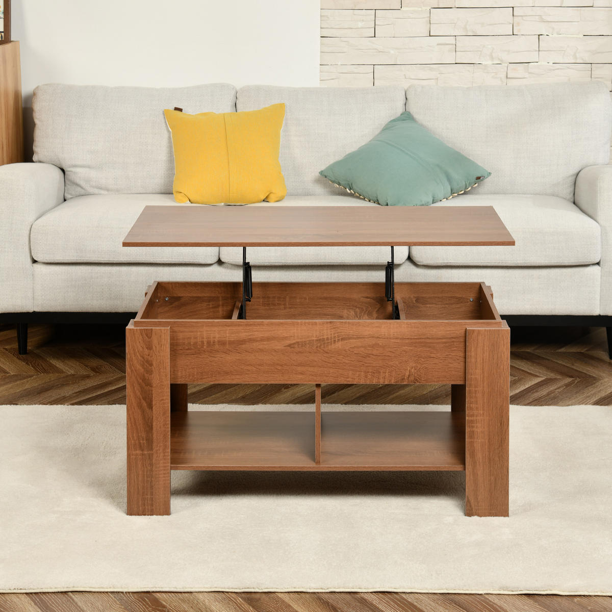 COUCHTISCH mit Lift-Top, Stauraum und Ablagefach, Eiche Optik - Braun, Holz (96/50/47cm) - Urban Meuble