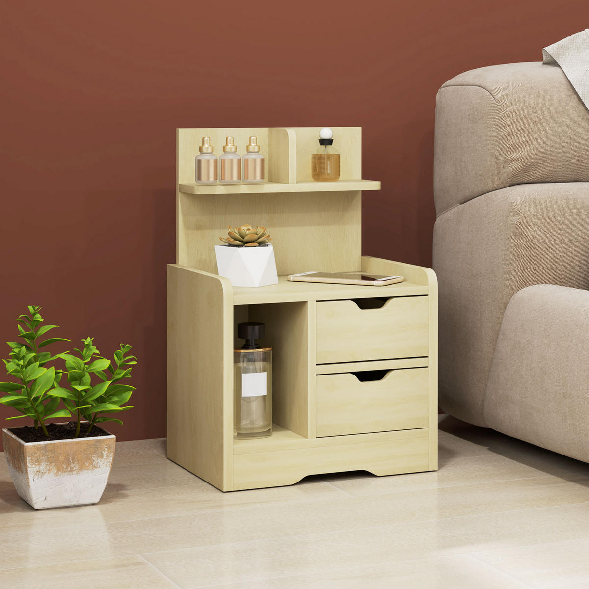 NACHTTISCH mit 2 Schubladen, 40 x 30 x 60 cm, Naturholz - Naturfarben, Holzwerkstoff (40/60/30cm) - HOMCOM
