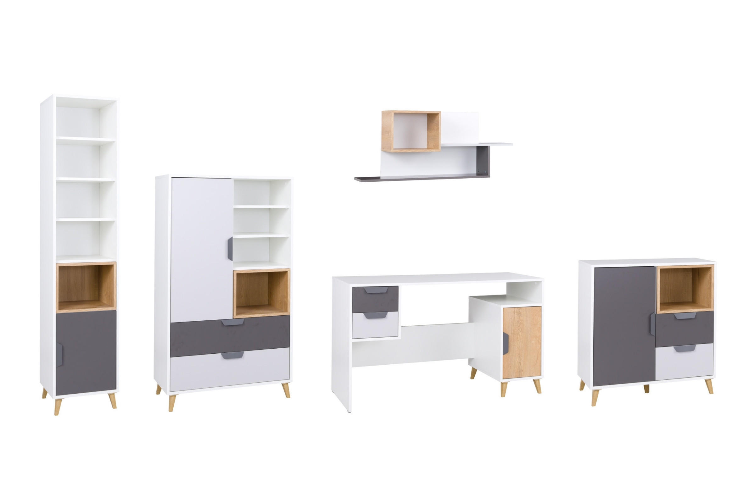 JUGENDZIMMER-SET JUSTIN E 5-teilig in Weiß / Graphit / Grau / Eiche - Eichefarben/Graphitfarben, Holzwerkstoff (331/190/55cm) - Deine Möbel 24
