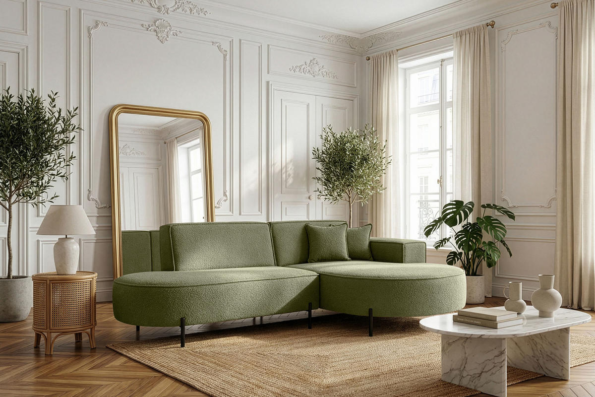 ECKSOFA Hana Loft 3-Sitzer Ecke Rechts, Boucle, Grün 241/80/168 cm - Schwarz/Grün, Textil/Metall (241/168cm) - WFL GROUP