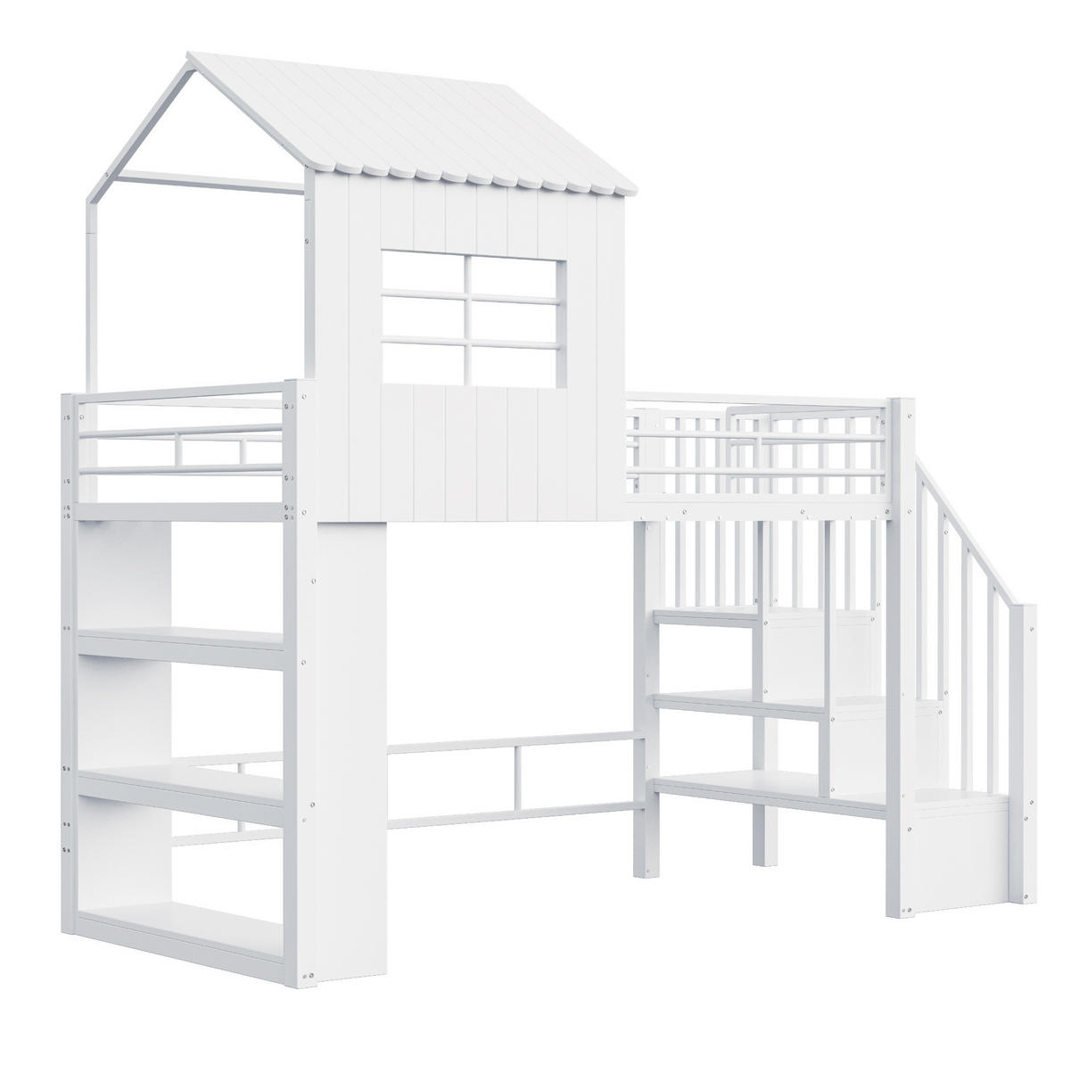HOCHBETT 90/200 cm aus Metall und MDF mit Stauraumtreppe, Regal und Freiraum unter dem Bett, Weiß - Weiß, Metall (90/200cm) - Redom