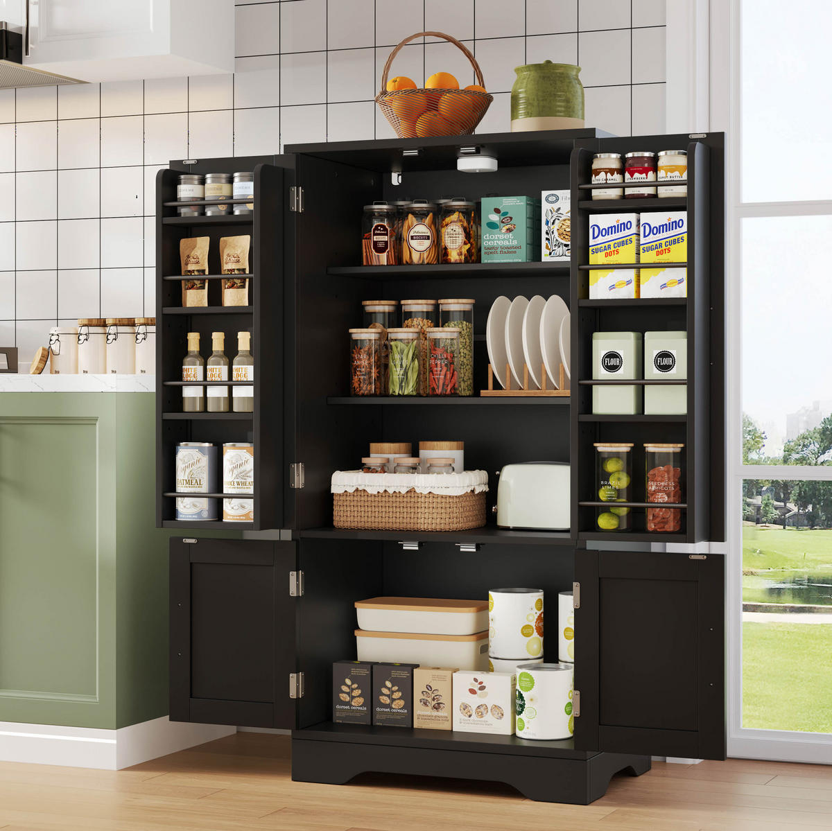 BUFFET Aufbewahrungsschrank 120x60x40cm Schwarz mit LED Licht & Wellentüren - Schwarz, Holzwerkstoff (40/120/60cm) - Modfu
