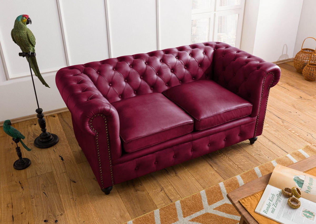 SOFA 2-Sitzer Echtleder 158x82x75 rot CHESTERFIELD #402 - Rot, Leder (162/75/82cm) - Massivmoebel24