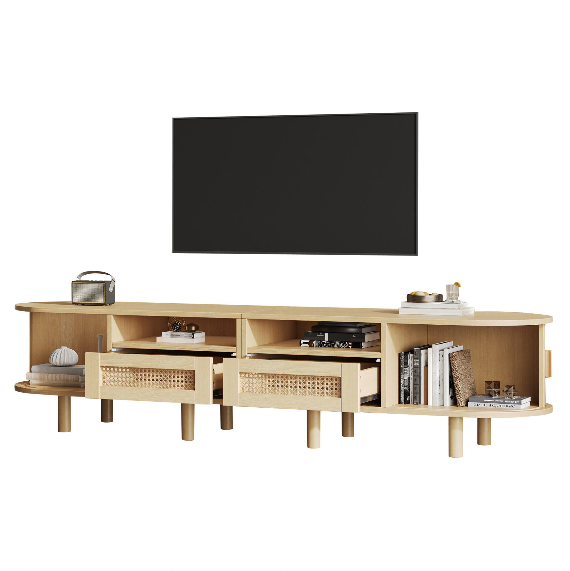 TV-BOARD aus MDF 170x40x40 cm Helles Eichenholz mit 2 Schubladen, 2 Schiebetüren und ovaler Form - Naturfarben, Holzwerkstoff (170/40/40cm) - Modfu