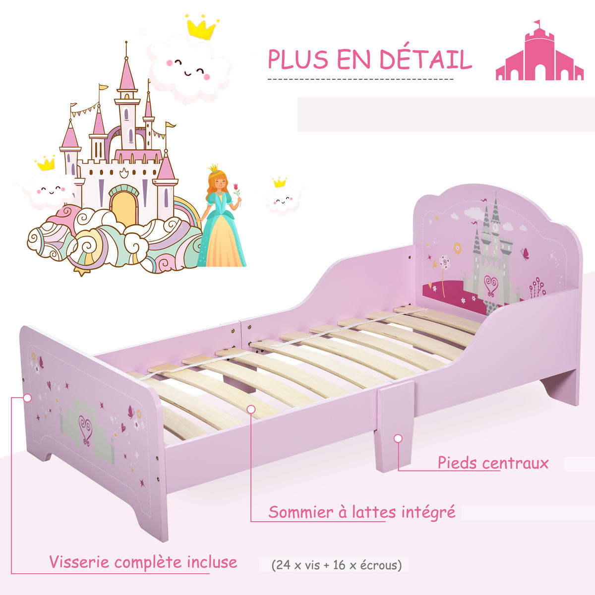KINDERBETT 140x70 cm DE-14540 mit Schloss-Motiv Rosa - Pink, Holzwerkstoff (70/140cm) - ComfortXL