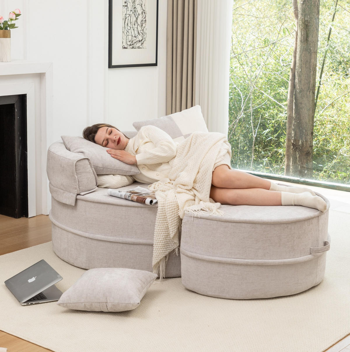 SESSEL rund mit Ottomane 121 x 107 cm Chenille Grey - Grau, Kunststoff (121/66/163cm) - Meubliv