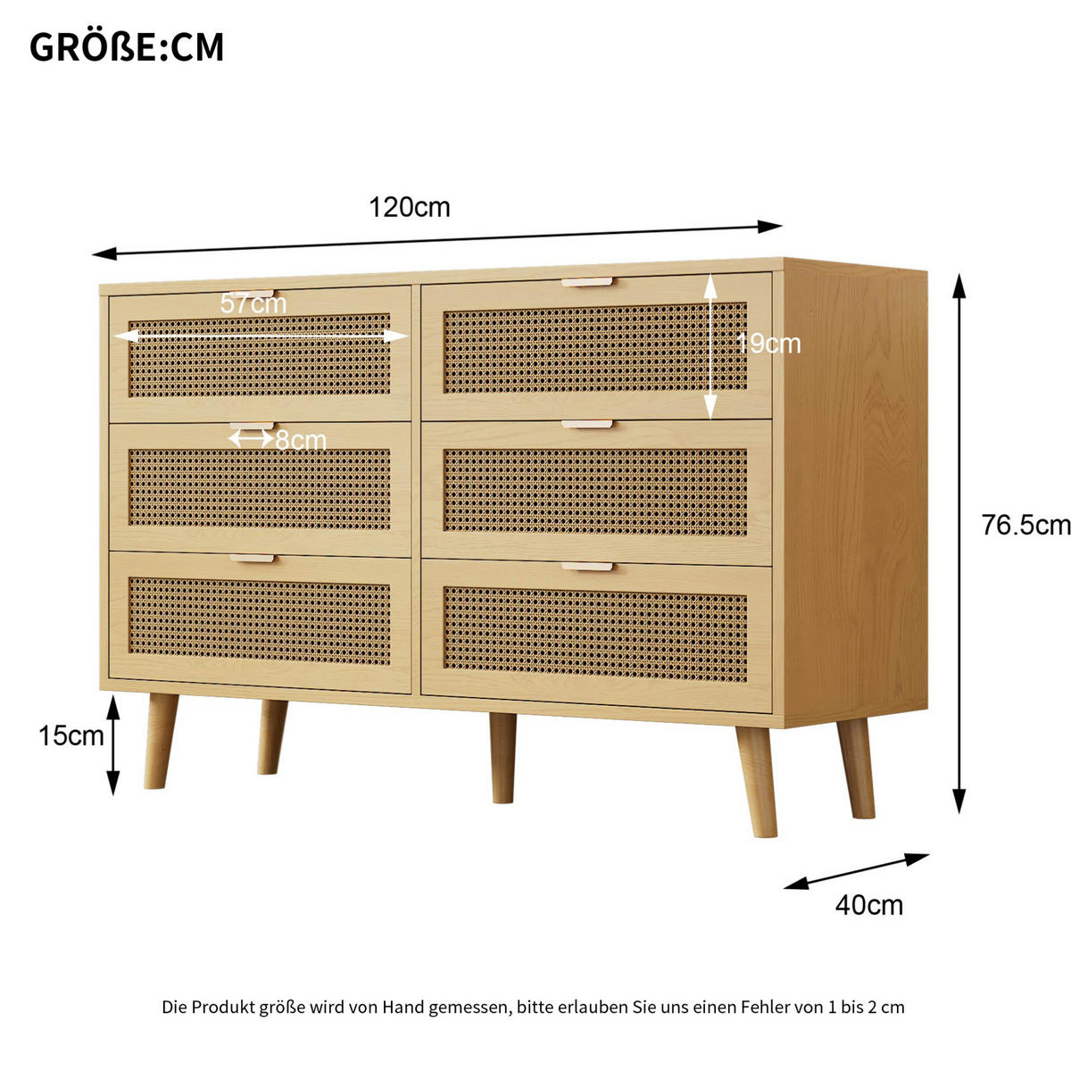 SIDEBOARD 120/40/76,5 cm in Walnuss mit 6 Schubladen und Rattan-Optik - Eichefarben, Holzwerkstoff (120/76.5/40cm) - Flora Grace