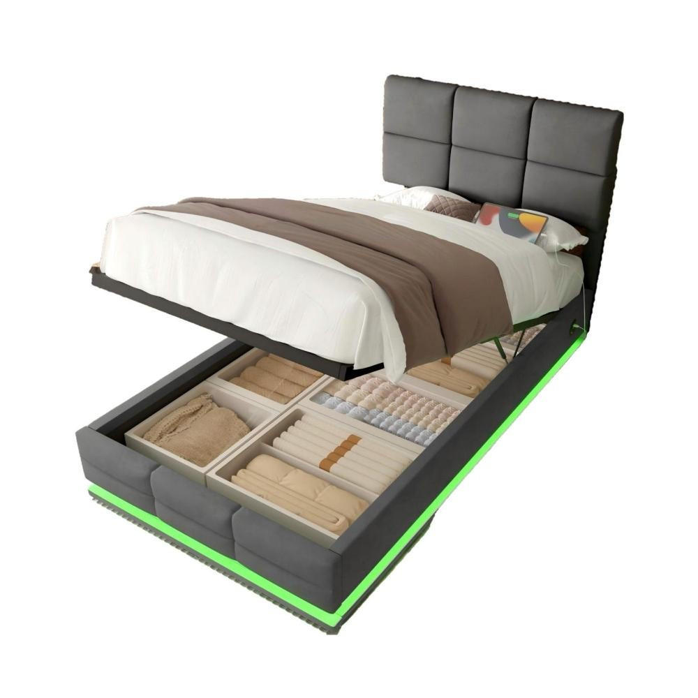 BOXBETT 90/200 mit Bettkasten, LED, USB/Typ C-Ladeanschluss,Samt,Grau - Grau, Holz (90/200cm) - LVHOM