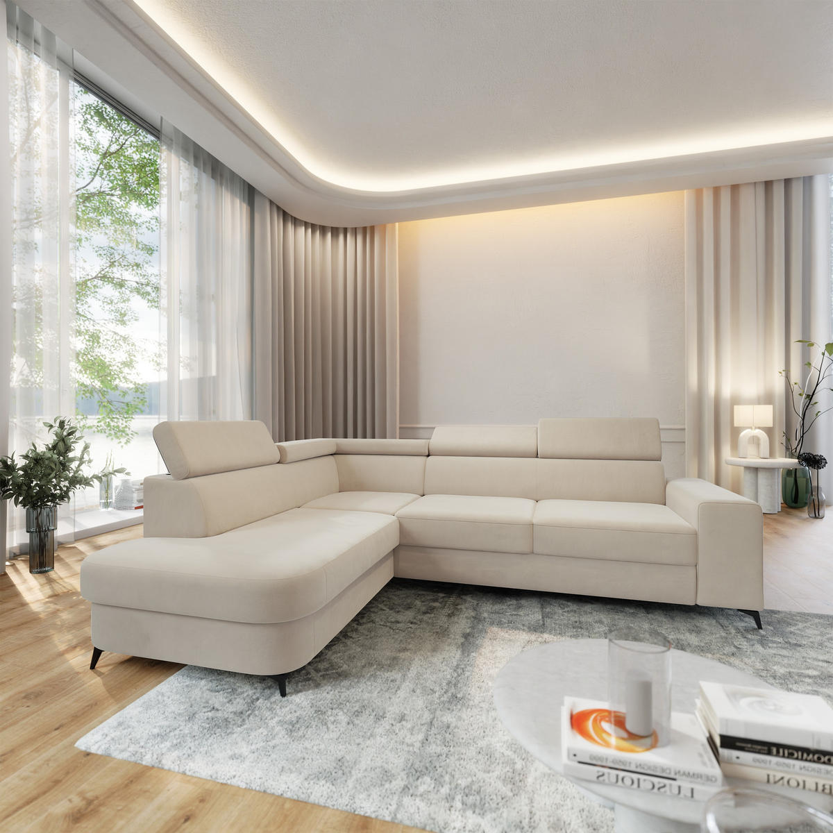 ECKSOFA ALVORO L-S Creme Velours-Stoff mit Schlaffunktion - Creme, Holz (253/190cm) - MASSENO