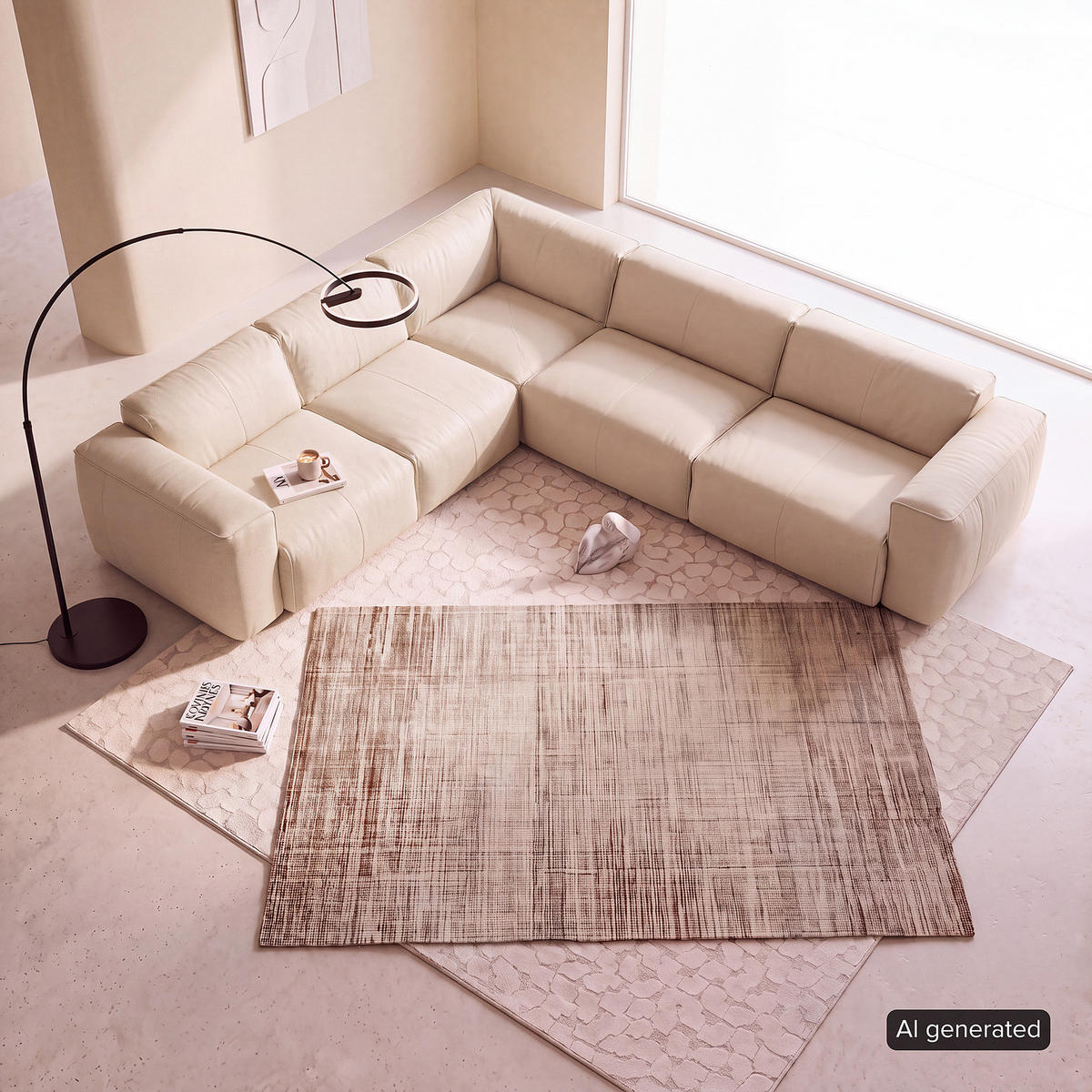 ECKSOFA mit Rundecke - Hellgrau/Schwarz, Leder/Kunststoff (325/260cm) - home24