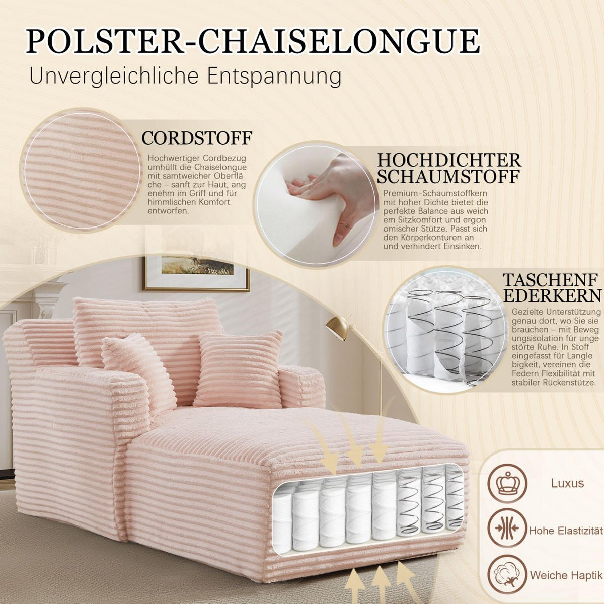 SOFA Cord Pink - Rosa, Textil (100/82/166cm) - WISHDOR