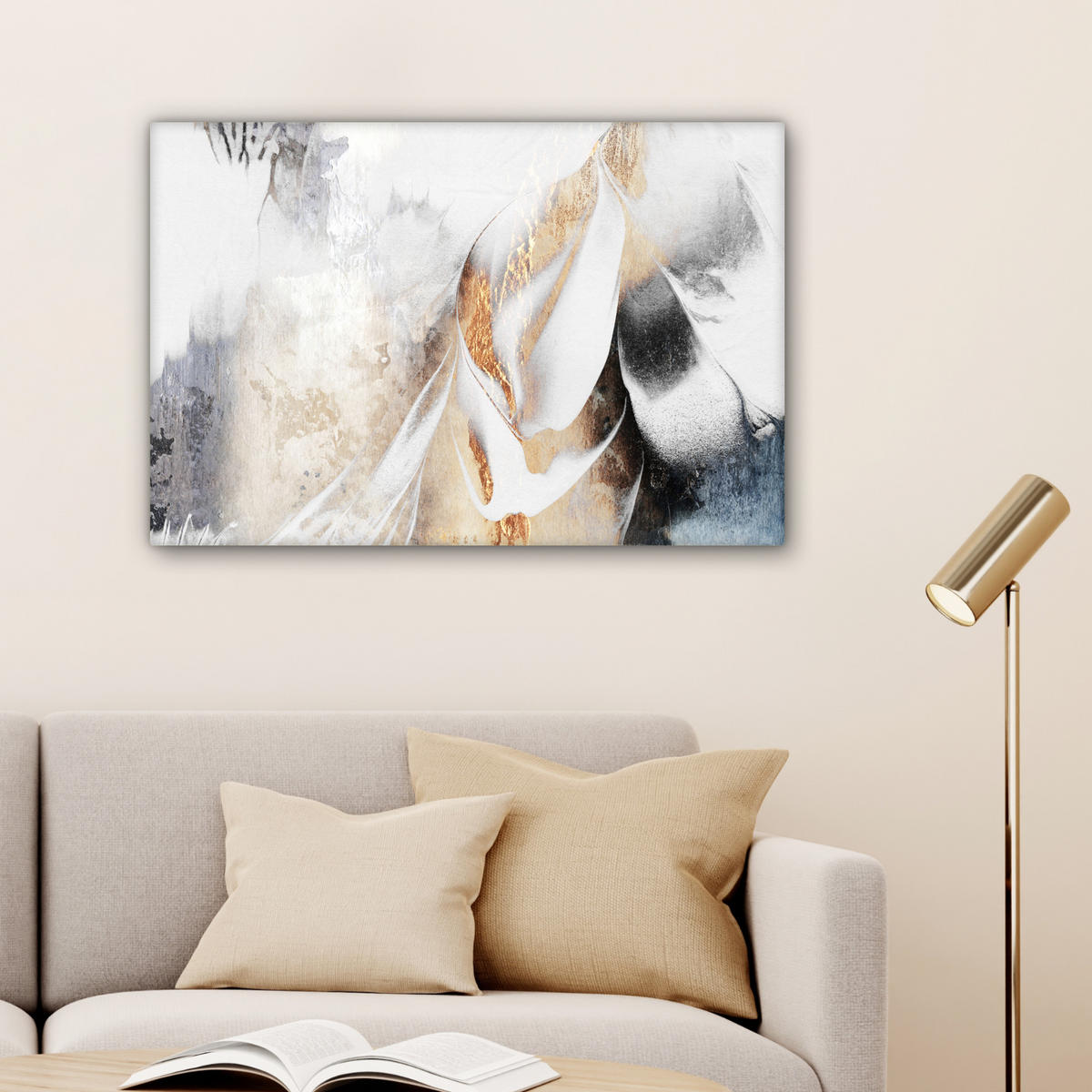 LEINWANDBILD Luxus - Abstrakt - Gold - Weiß Gemälde 60x40 cm - Goldfarben, Textil (60/40cm) - MuchoWow