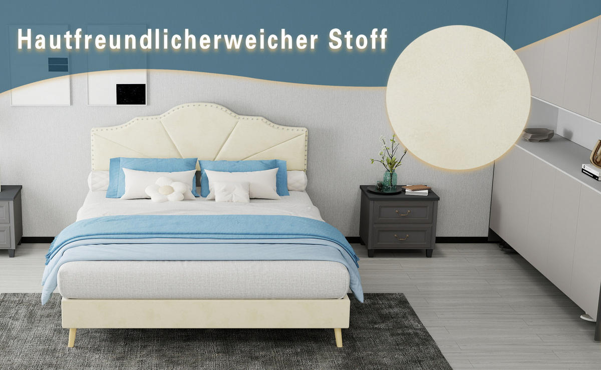 POLSTERBETT 140/200 cm mit Matratze, geometrischem Kopfteil und Lattenrost, Beige - Beige, Textil (140/200cm) - Redom