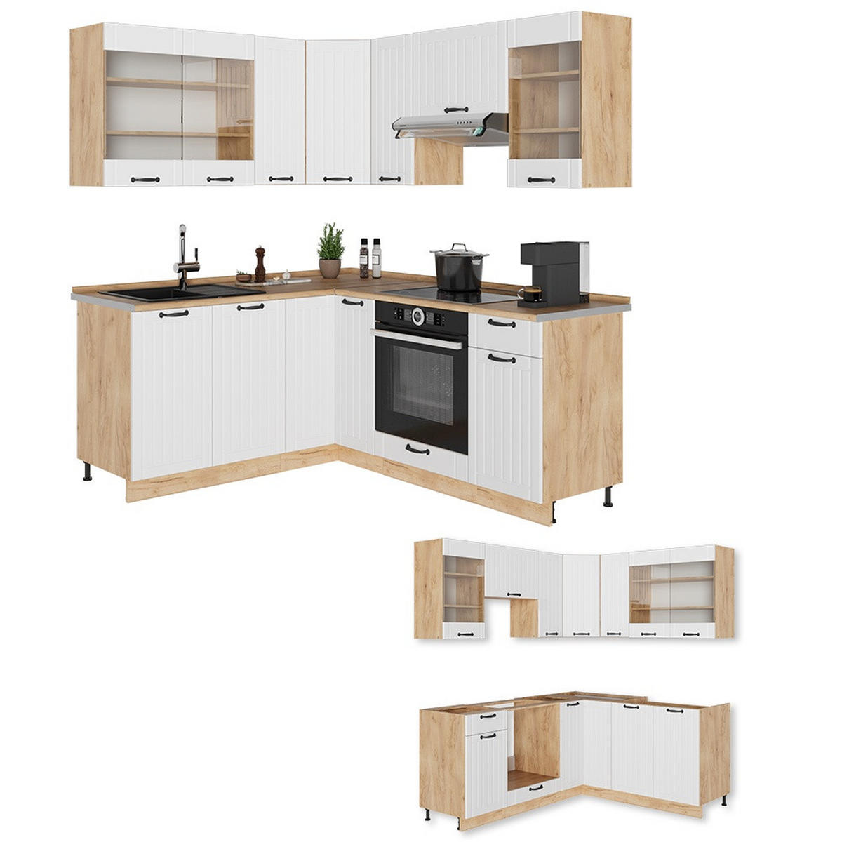 ECKKÜCHE Fame-Line, Weiß Landhaus/Goldkraft Eiche, 190 x 160 cm, AP Marmor - Honigeiche/Weiß, Holzwerkstoff (190/206.8/60cm) - Vicco