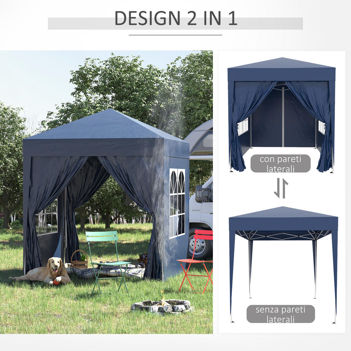 PAVILLON mit 4 abnehmbaren Wänden, Faltbar ,Blau,2x2m - Blau, Metall (2/2.4/2cm) - Vallsero