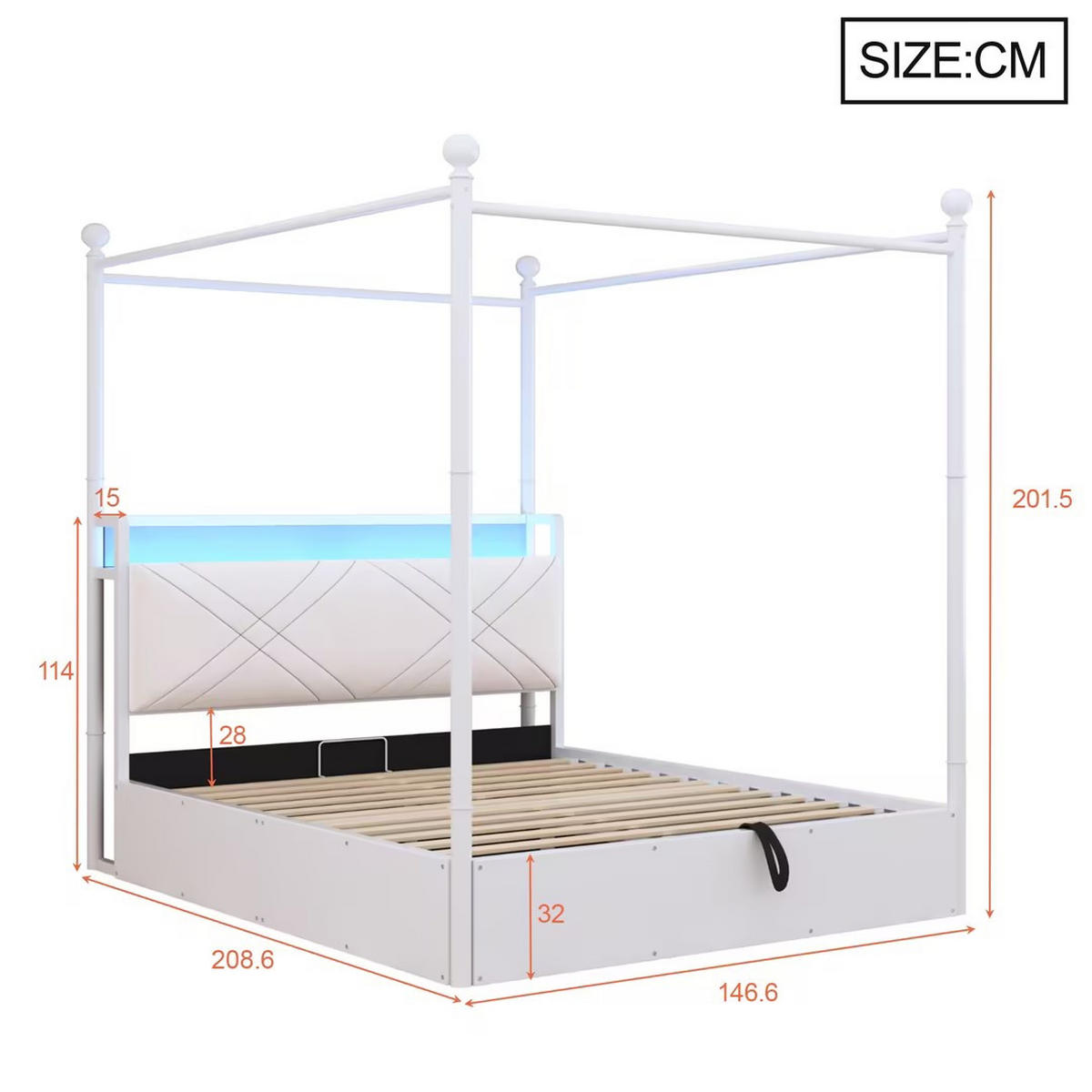 HIMMELBETT 140/190 cm DE-02087, in Weiß, mit Hydraulik, LED und USB-C - Weiß, Metall (140/190cm) - ComfortXL