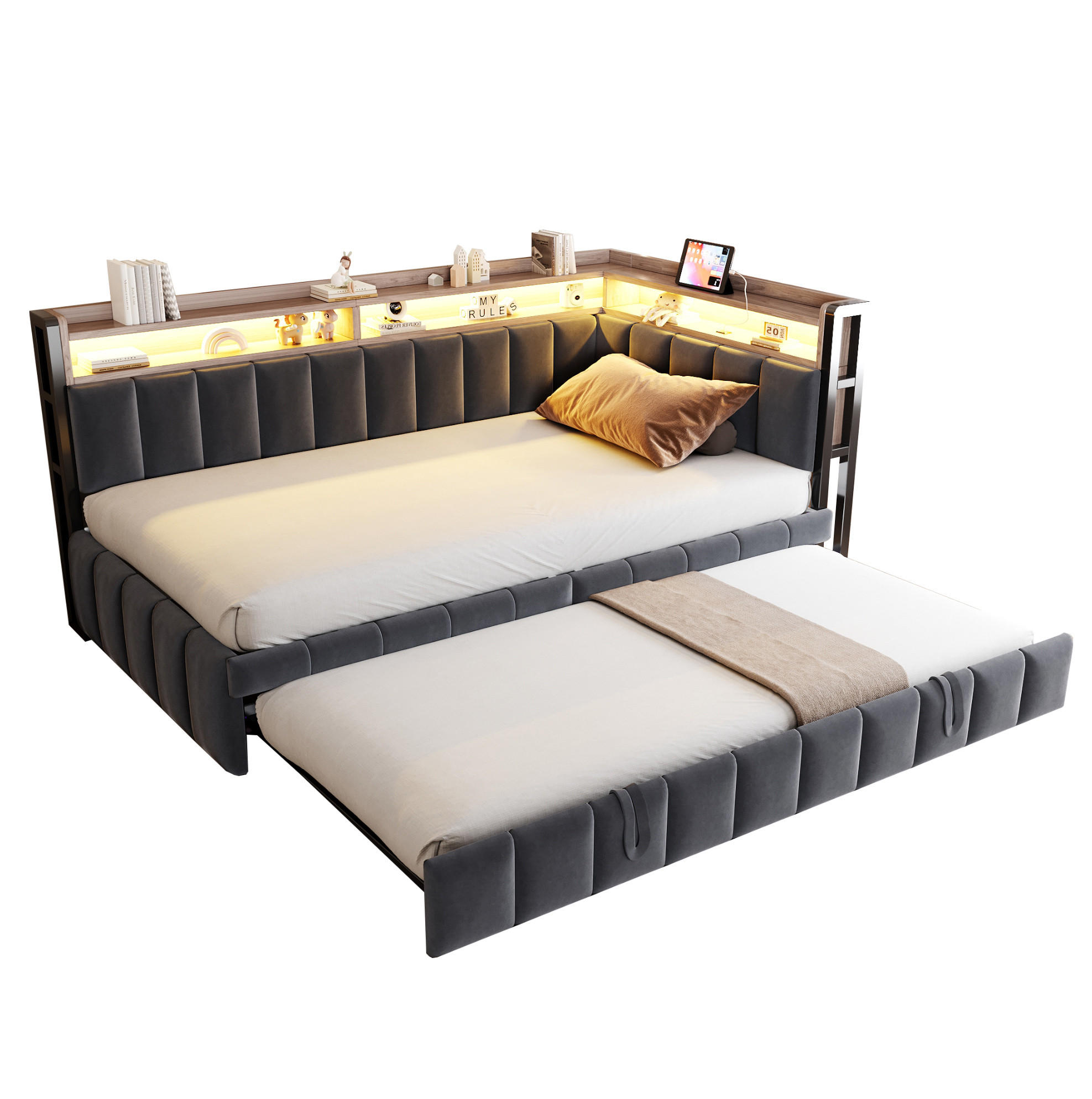 POLSTERBETT Schlafsofa aus Samt 90x200 cm Grau mit Ausziehbett, LED-Beleuchtung, USB- und Typ-C-Anschlüssen - Grau, Textil (90/200cm) - Modfu