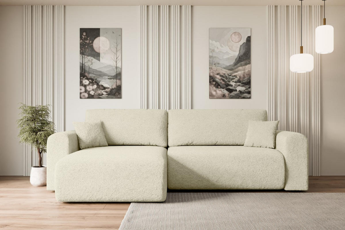 ECKSOFA mit Schlaffunktion und Bettkasten ORRO-L - 272x145x83 cm Beige Bouclé - Beige/Schwarz, Holzwerkstoff/Kunststoff (272/145cm) - ALTDECOR