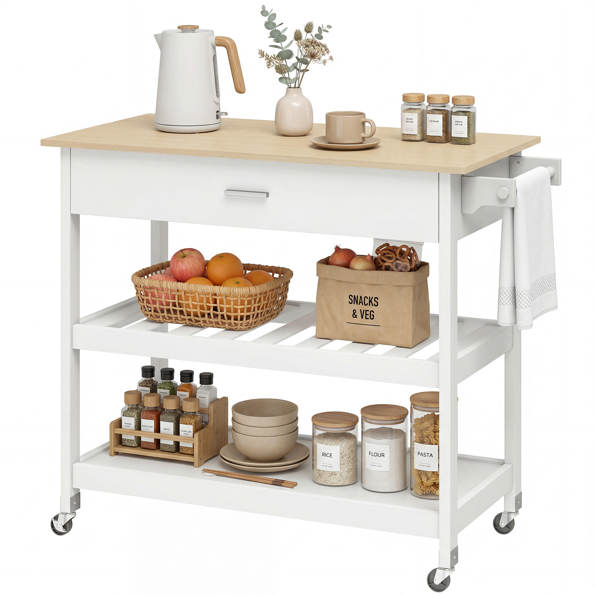 KÜCHENWAGEN DE-10554 mit großer Arbeitsplatte & Schublade Weiß - Weiß, Holzwerkstoff (51/92.5/108.8cm) - ComfortXL