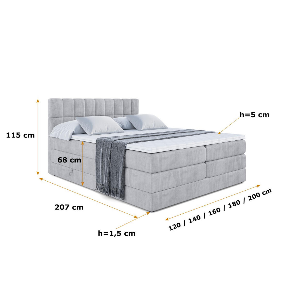 BOXSPRINGBETT MIAMI KING - 140x200 - H3/H4 - Hellgrau - Hellgrau, Holzwerkstoff (140/200cm) - ALTDECOR