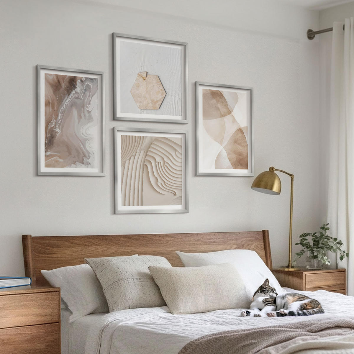 WANDBILDER 4er Set - 50x50 cm & 40x60 cm Silberner Rahmen - Abstrakte bemalte Strukturen - Silberfarben, Kunststoff (50/50cm) - ArtPrintCave