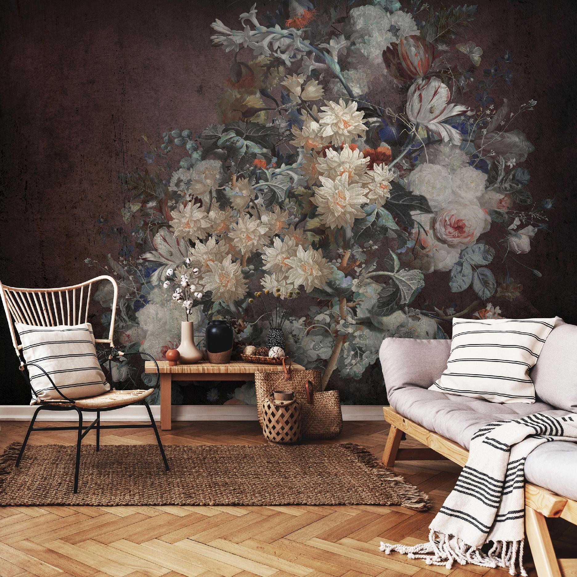 FOTOTAPETE Blumen Retro Grau 254x184 cm - Multicolor, Papier (254/184cm) - Wallarena