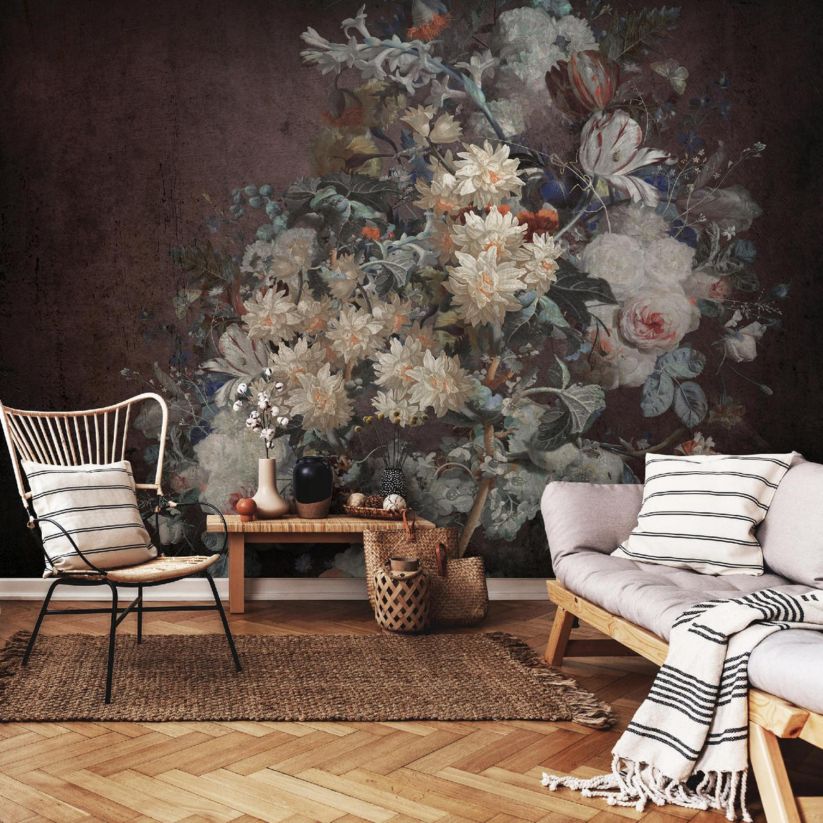 FOTOTAPETE Blumen Retro Grau 254x184 cm - Multicolor, Papier (254/184cm) - Wallarena