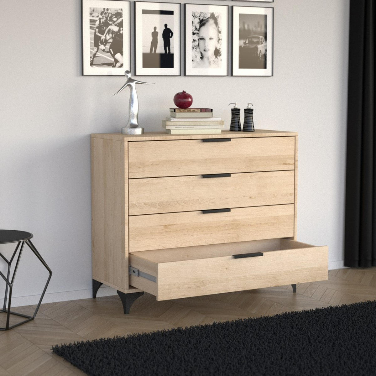 KOMMODE Home mit 4 Schubladen, 100 cm, mit Griffen, eiche Artisan - Schwarz/Eiche Artisan, Holzwerkstoff (80/85/40cm) - Beautysofa