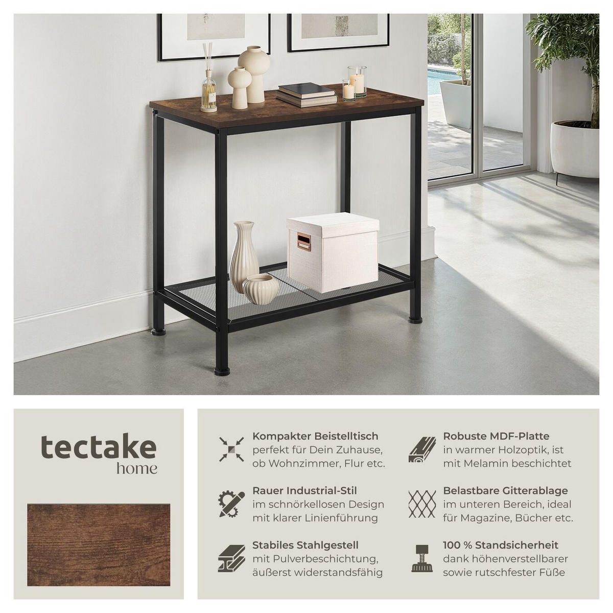BEISTELLTISCH Filton,60 x 30,5 x 60,5 cm,Industrial Holz dunkel, rustikal - Rostfarben, Holz (60/30.5/60.5cm) - tectake